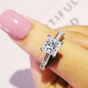 || S925 STERLING SILVER || NEW || 2 CT PRINCESS CUT DIAMOND ENGAGEMENT RING